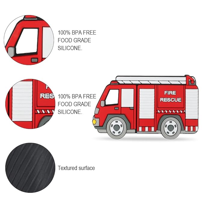 Baby Food Grade Silicone Carrier Vehicle Teether Toy with Pacifier Clip Holder,Teething Toys Gift Set for 3 Months+ Boys and Girls,Freezer Safe,BPA Free. (Fire Truck)