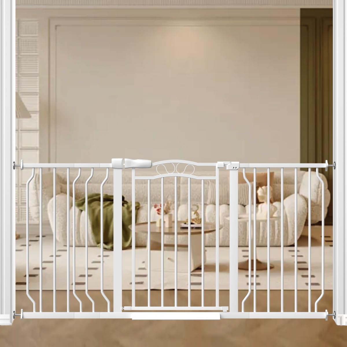 53.1-62.2" Extra Wide Baby Gate for Doorways No Drill, 30" Tall Auto Close Press Mounted Baby Safe Gate for Stairs, Walk Through Dog Gates for Doorways, White