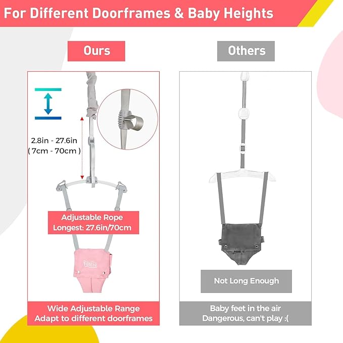 FUNLIO 2 in 1 Baby Door Jumper with Door Clamp, Baby Walking Harness for 6-24 Months, Infant Jumper Doorway with Strong Spring & Adjustable Strap, Easy to Assemble & Store - Pink