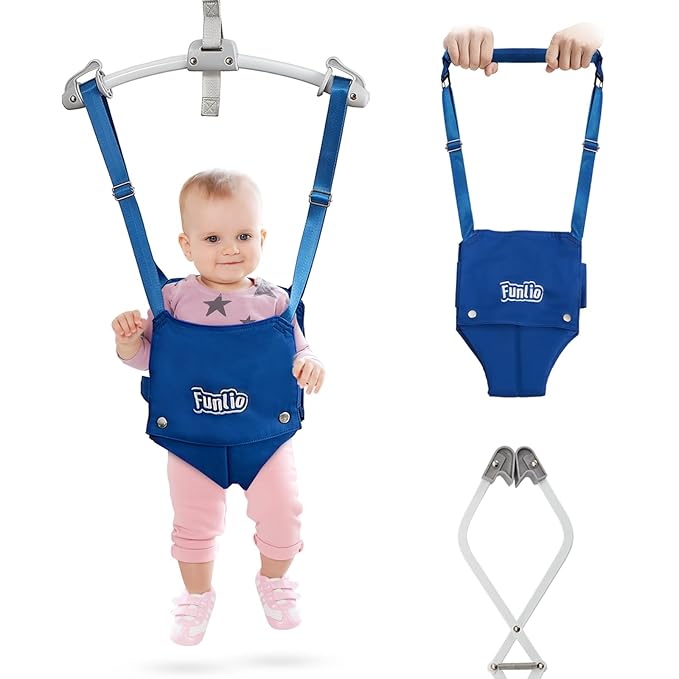 FUNLIO 2 in 1 Baby Door Jumper with Door Clamp, Baby Walking Harness for 6-24 Months, Infant Jumper Doorway with Strong Spring & Adjustable Strap, Easy to Assemble & Store - Blue