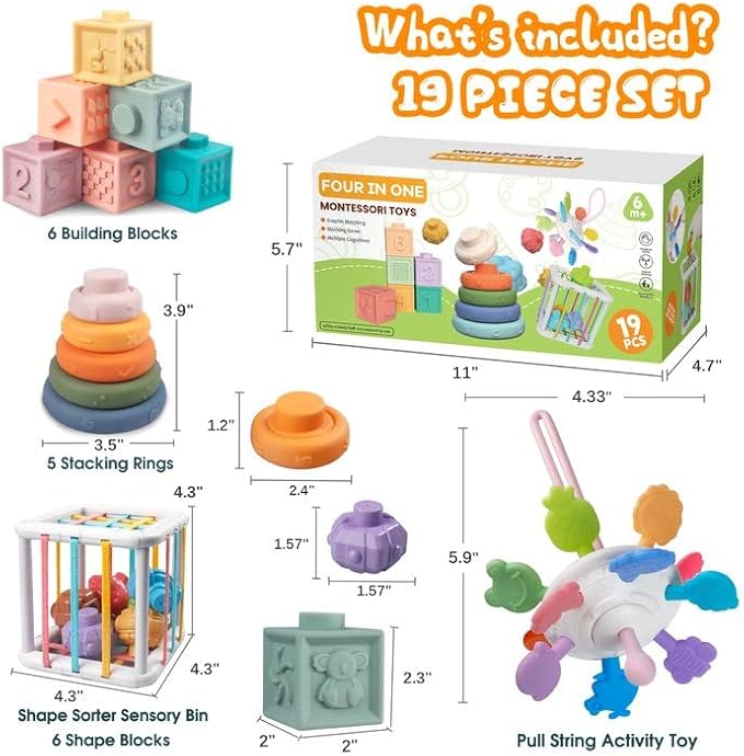 4-in-1 Baby Toys Montessori Soft Stacking Blocks for Babies, Infants Teething Toys, Sensory Balls and Educational Learning Set for Toddlers (Boys & Girls)