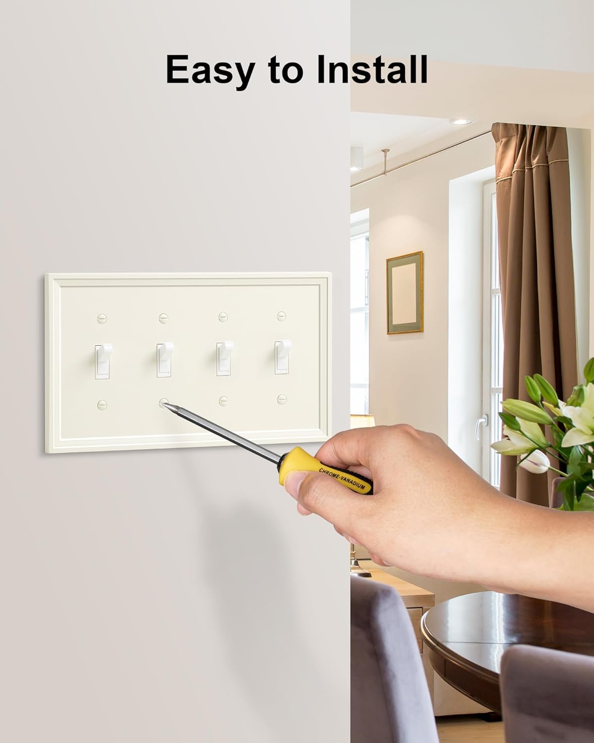 2-Pack Quad Toggle Light Switch Cover Plate, Light Almond Decorative Switch Plate Covers, Natural Bamboo Fiber 4 Gang Wall Plate, Corrosion Resistant