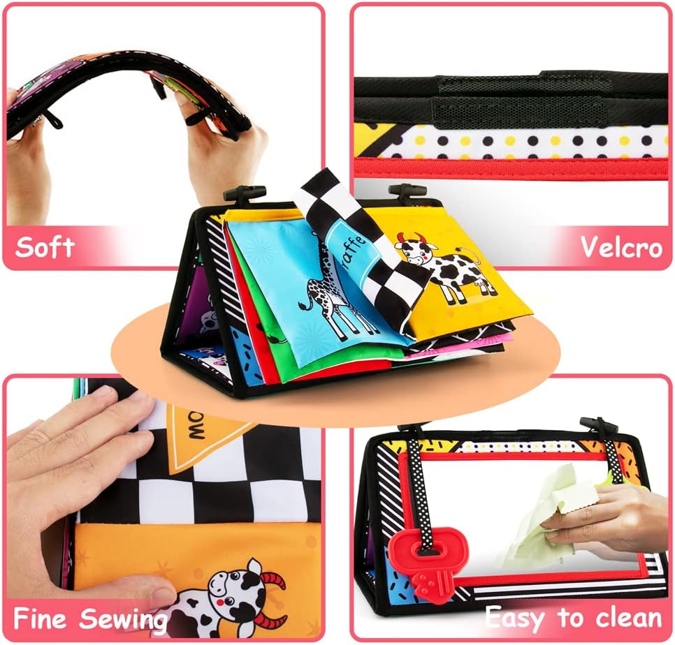 3-in-1 Tummy Time Mirror with Soft Crinkle 3D Activity Book, Teethers, Rattle - High Contrast Black and White Montessori Baby Crawling Toys Developmental Newborn Infant Sensory Toys Gift 0-12 Months