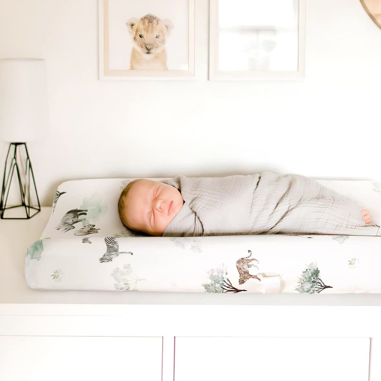 GRSSDER Stretch Ultra Soft Jersey Knit Changing Pad Cover Set 2 Pack, Change Table Pad Covers Fit 32"/34" x 16" Pads Safe and Snug, Stylish Pattern for Boys and Girls, African Savannah Animals