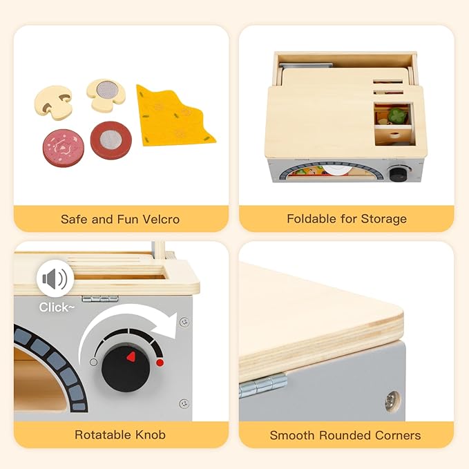 OOOK Wooden Pizza Toy Kids Pizza Counter Playset, Toy Pizza Oven， Montessori Pretend Play Toys with Toy Food, Bake Oven, Role Play Set for 3 4 5 6 Year Old Boys Girls