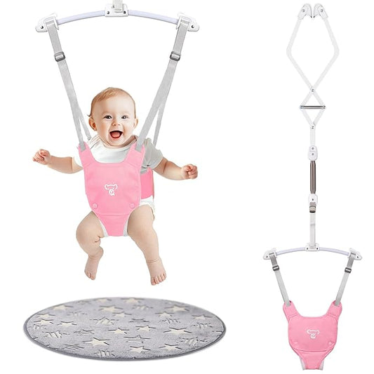 Baby Jumper, Baby Jumper Doorway with Adjustable Strap, Easy to Assemble, with a Soft Rug (Pink)