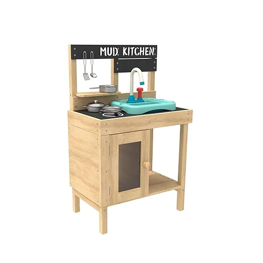 TP Toys Mud Play Kitchen For Kids - Indoor, Outdoor Toddler Toys Wooden Kitchen Playset w/ Accessories, Sink with Faucet, Durable, Weatherproof, Chalkboard, Wood Burner Stencils, Easy Assembly, Age 3+