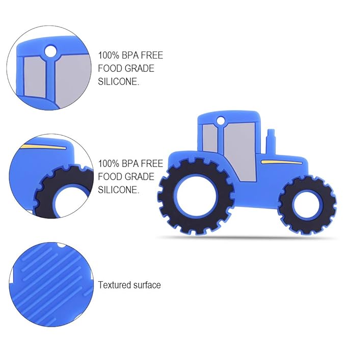 Baby Food Grade Silicone Tractor Truck Teether Toy with Pacifier Clip Holder,Teething Toys Gift Set for 3 Months+ Boys and Girls,Freezer Safe,BPA Free. (Blue)