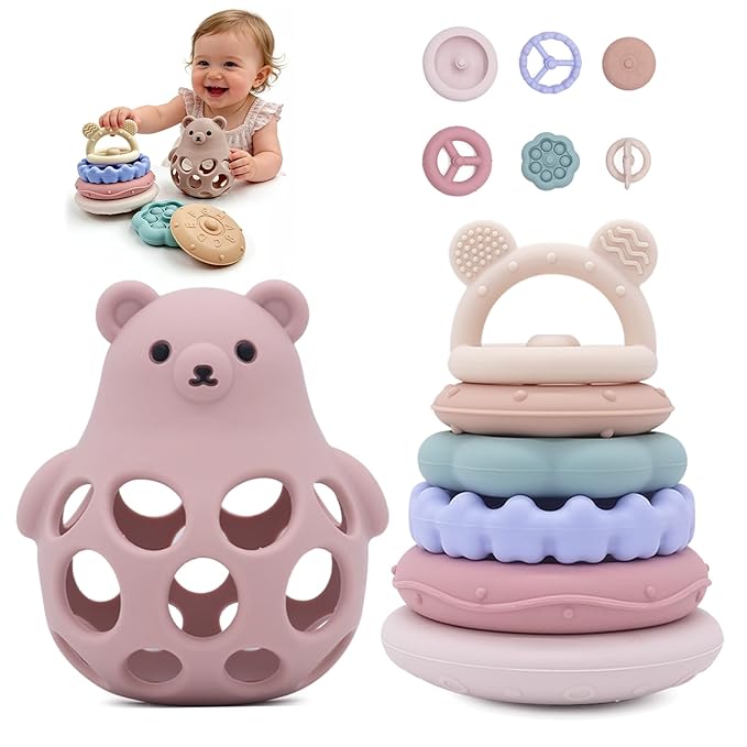 Baby Bear Teething & Stacking Toy Set - Teething Toys Silicone Teethers, Soft Baby Stacker Rings Teether, Learning Toy Gift for Boys and Girls 6+ Months (Pink)