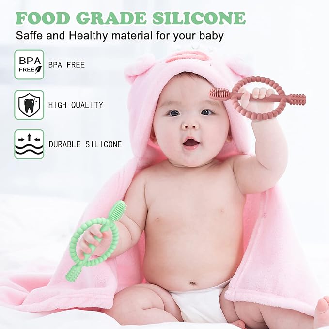 Baby Teething Toys with Easy-Hold Handle, Silicone Infant Toothbrush, Textured On Both Sides Helps Massage, Soothe Sore Gums, Teething Toys for Babies 0-6 Months, 6-12 Months Bright Green & Caramel