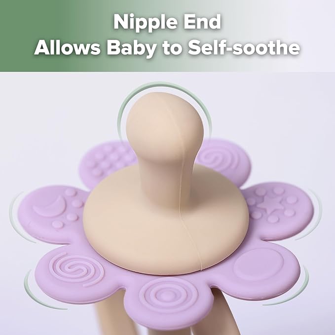 haakaa Silicone Twin Flower Teether,Nipple-Shaped End for Gum Massage,360° Baby Toothbrush Head for Self-Brushing Training,Easy to Grip - Lavender