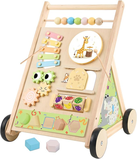 Wooden Baby Walker with Wheels Push Walker for Babies 6-12 Months Toddlers Montessori Walking Toys for 1 Year Old Learning to Walk Activity Center for 12-18 Months Boys Girls Gifts Color Sorting Toys