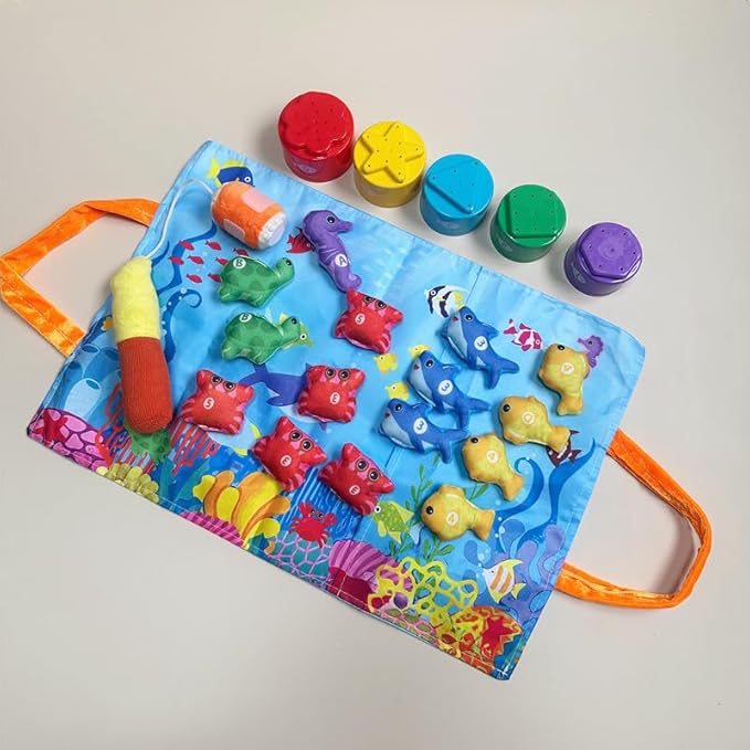 Montessori Toddler Toys for 1-3 Years Old Boys and Girls，22PCS Cloth Fishing Game with Stacking Cups, Color Sorting & Number Learning, Educational Birthday Gift for 6-18 Month Babies