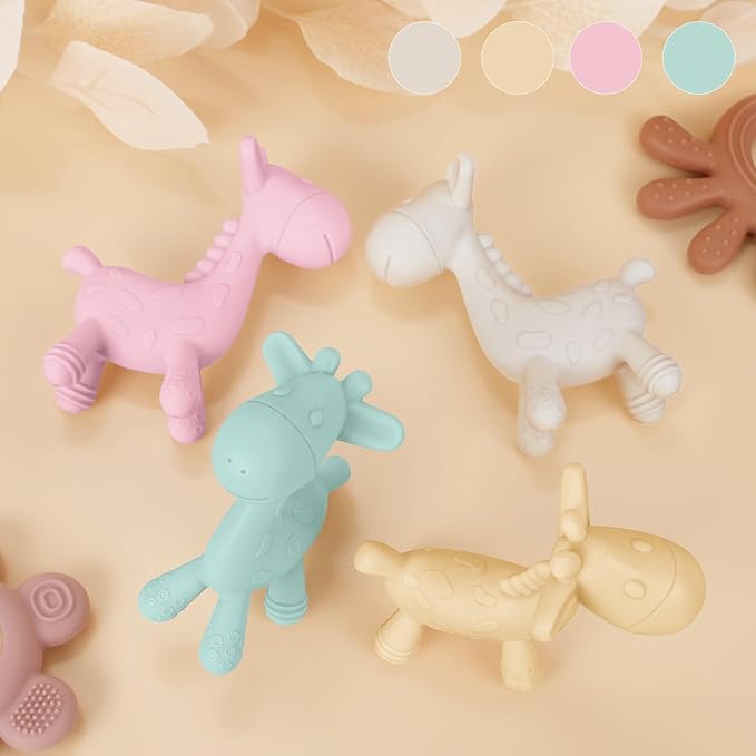 TYRY.HU Baby Teething Toys for Babies 0-6 6-12 Months,BPA Free Silicone Giraffe Teethers for Babies 3-6 months, Soft Chew Toys for Sore Gum, Montessori Sensory Toys Gifts for Infant Boys Girls, 4 Pack