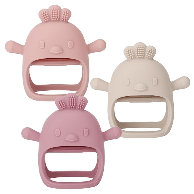 Socub 3 Pack Silicone Baby Teether Toys for Infants 3+ Months, BPA Free Anti-Drop Silicone Mitten Teething Toy for Soothing Sore Gums, Baby Chew Toys for Sucking Needs, Rose Pink,Dark Pink,Beige