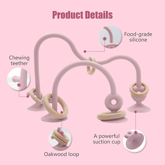 High Chair Toys with Suction Cups for Infant Toddlers,Food Grade Silicone Teething Toy for Kids 6 9 12 18 M+,Interactive Toys for 1 Year Old，Perfect for Travel and Restaurant（Pink）