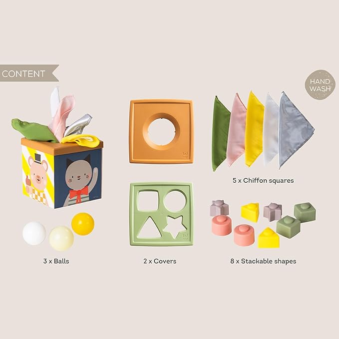 Taf Toys Multi-Sensory Montessori Baby Toy Infant Toys 6-12 Months 16pcs Pieces Baby Tissue Box Toy, Shape Sorter, Play Balls Learning Toys Toddlers 1-3 Motor Skills Development Toddler Activity Cube