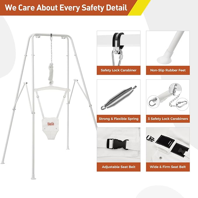 FUNLIO Baby Jumper with Stand for 6-24 Months, Toddler Jumper for Baby Girl/Boy, Infant Jumper for Indoor/Outdoor Play, with Adjustable Chain, Easy to Assemble & Store (with Stand) - White