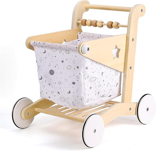 Woodtoe Wooden Baby Walker Doll Stroller | Adjustable Speed Shopping Cart for Toddlers 1-3 | Baby Push Walker - Pretend Play Grocery Cart | Wood Stroller Push Toys for Baby 1 2 3, 1st Birthday Gift