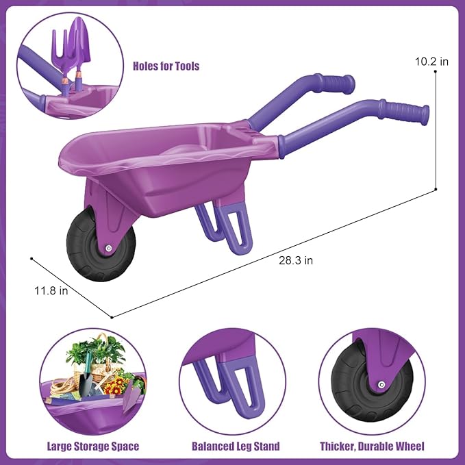 15 PCS Kids Gardening Tool Set for Girls Boys, Toddler Gardening Tools Set with Wheelbarrow, Flower Pot, Storage Bag, Rake, Fork, Shovel, Apron, Outdoor Garden Tool Play Set for Kids