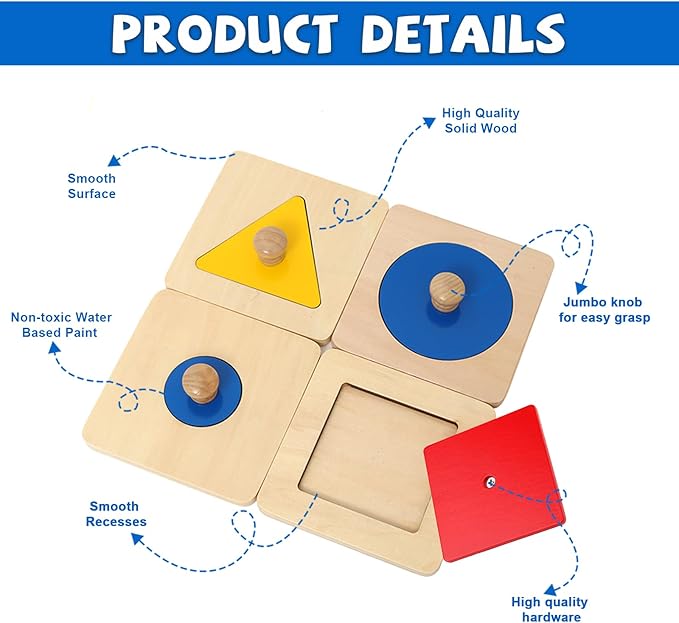 Adena Montessori Colorful Multiple Shape Puzzles Toys for 6-12 Months 1 Year Old Toddler Babies First Shapes Geometric Jumbo Knob Wooden Puzzle Color Sorter (4 Pieces)