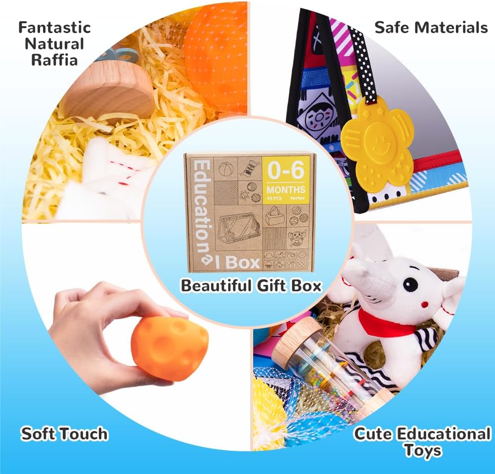Montessori Toys for Babies 0-6 Months,7 in 1 Newborn Toys Baby Gifts Set Early Learning Toys with Black & White Baby Flashcards,Tummy Time Mirror,Baby Rattle,Sensory Balls,Tissue Box Toys,Rain Stick