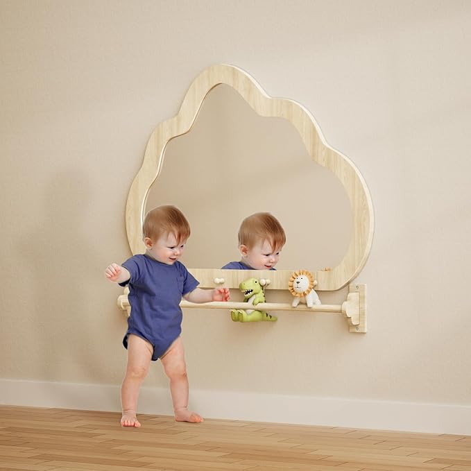 Montessori Mirror with Bar, Baby Pull to Stand Toys, Easy Assembly Natural Frame, Adjustable Infant Mirror, Montessori Furniture for Toddler 6-18 Months-Natural