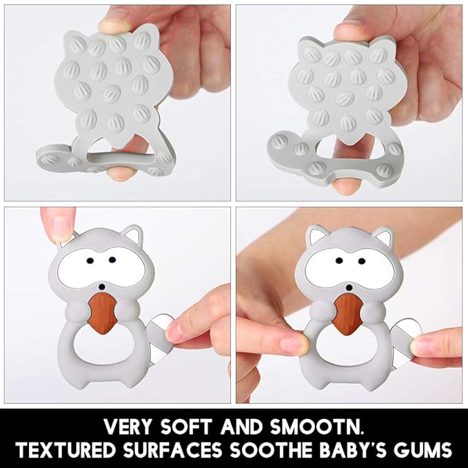 Baby Food Grade Silicone Teether Toy with One Piece Design Pacifier Clip Holder,Teething Toys Gift Set for 3 Months+ Boys and Girls,Freezer Safe,BPA Free. (Gray Raccoon)