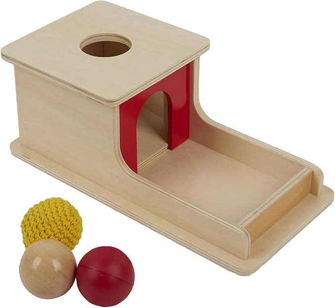 Object Permanence Box with Tray Three Balls for 6-12 Months Babies (Wood+Plastic+Knit Ball)