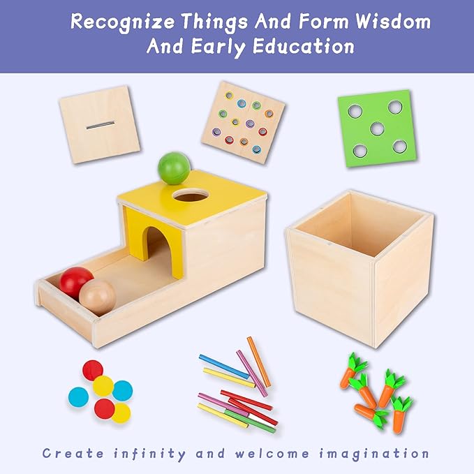 Adena Montessori 4 in 1 Wooden Play Kit Baby Toys,Object Permanence Box,Matchstick Color Drop Game,Carrot Harvest and Coin Box,Ball Drop Toy for Kid 1,2,3 Year Old,Girl Boy Gift for Baby 6-12 Month