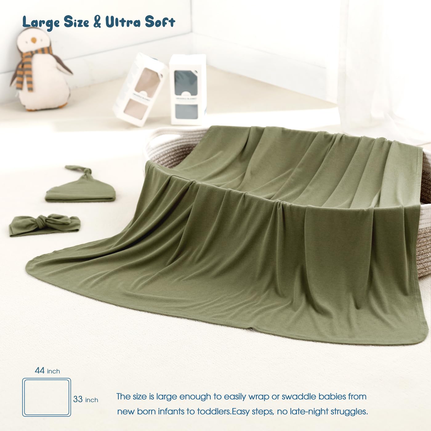 GRSSDER Newborn Swaddle Blanket, Ultra Soft Jersey Receiving Blanket with Matching Headband and Beanie Set 33×44", Stretchy Baby Neutral Swaddle Wrap for Girls and Boys