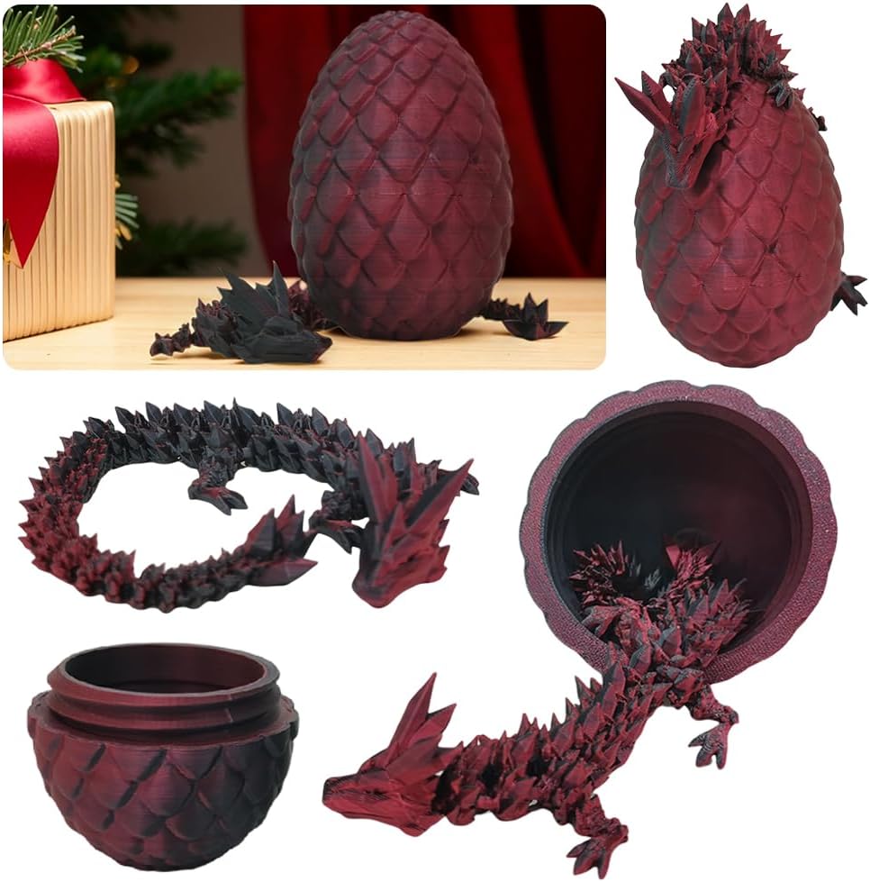3D Printed Dragon Egg,Dragon Eggs with Dragon Inside,Crystal Dragon Fidget Toys,Full Articulated Dragon Dragon in Egg,Adults Fidget Toys for Autism ADHD(Black Red)
