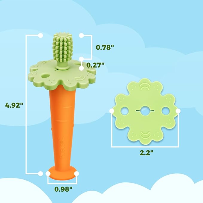 Papablic Baby Toothbrush Teether, Teething Toys 6-12 Months, 360° Carrot Teether Baby Stuffers for Toddler Infant, Toothbrush with Suction Base