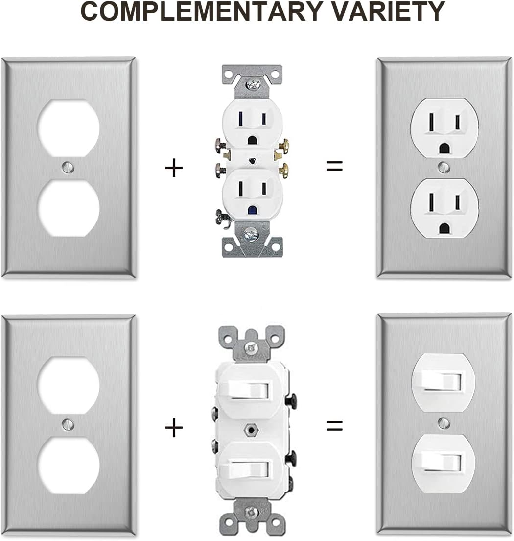 4-Pack Single Duplex Wall Switch Plate Outlet Cover - Stainless Steel Decorator Receptacle Outlet Plate Covers - Brushed Finish - Silver