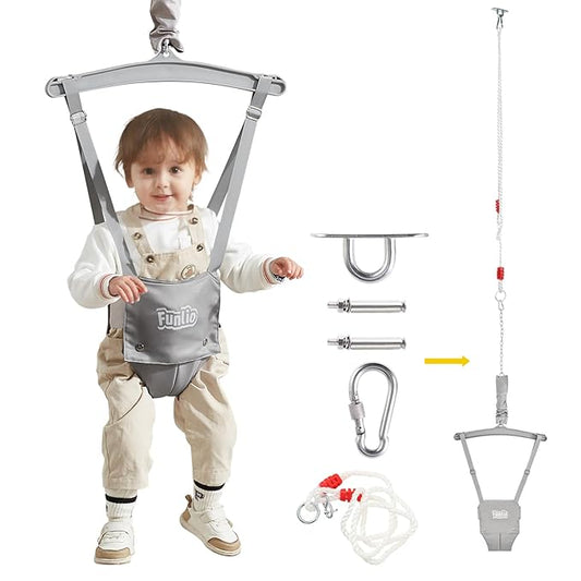 FUNLIO Baby Jumper with a Ceiling Hook for 6-24 Months, Baby Door Jumper for Indoor/Outdoor Play, Infant Jumper Doorway with Adjustable Chain, Easy to Assemble & Store (with a Ceiling Hook)- Grey