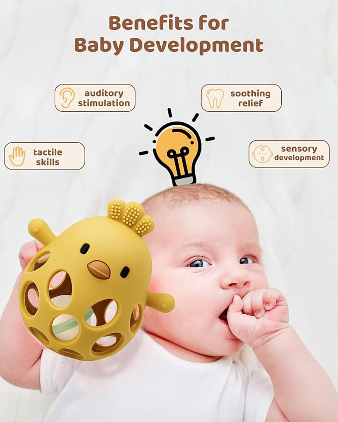 2-in-1 Baby Teething Rattle Toy, Sensory Grasping Teether for Infants 3-12 Months, 100% Food-Grade Silicone, Easy to Hold, Soothing & Developmental, BPA Free