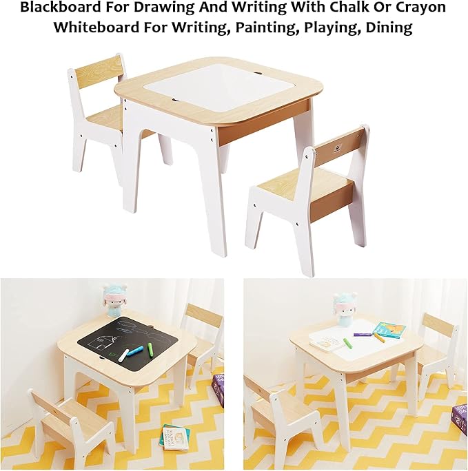 Toffy & Friends Wooden Storage Table and Chairs Set, White, 3-Piece Set, Ideal for Children's Learning, Activity Table or Dining