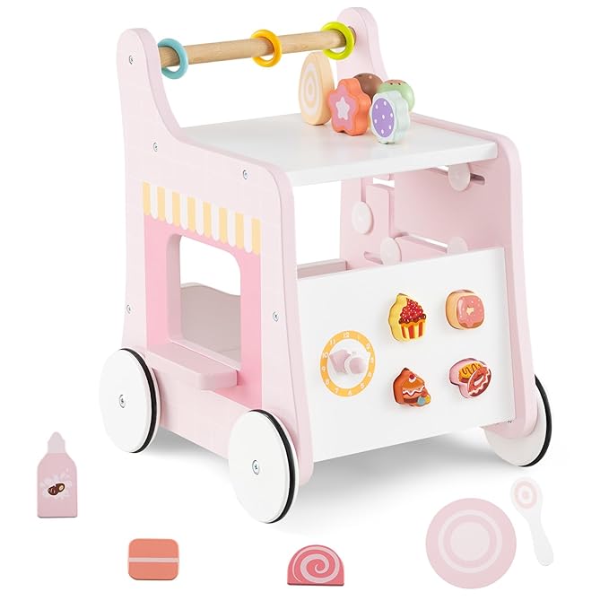 HONEY JOY Baby Push Walker, 8-in-1 Wooden Kids Ice Cream Cart & Activity Walker, Develop Motor Skills & Creativity, Dessert Shop Push Toys for Babies Learning to Walk, Gift for Boys and Girls (Pink)