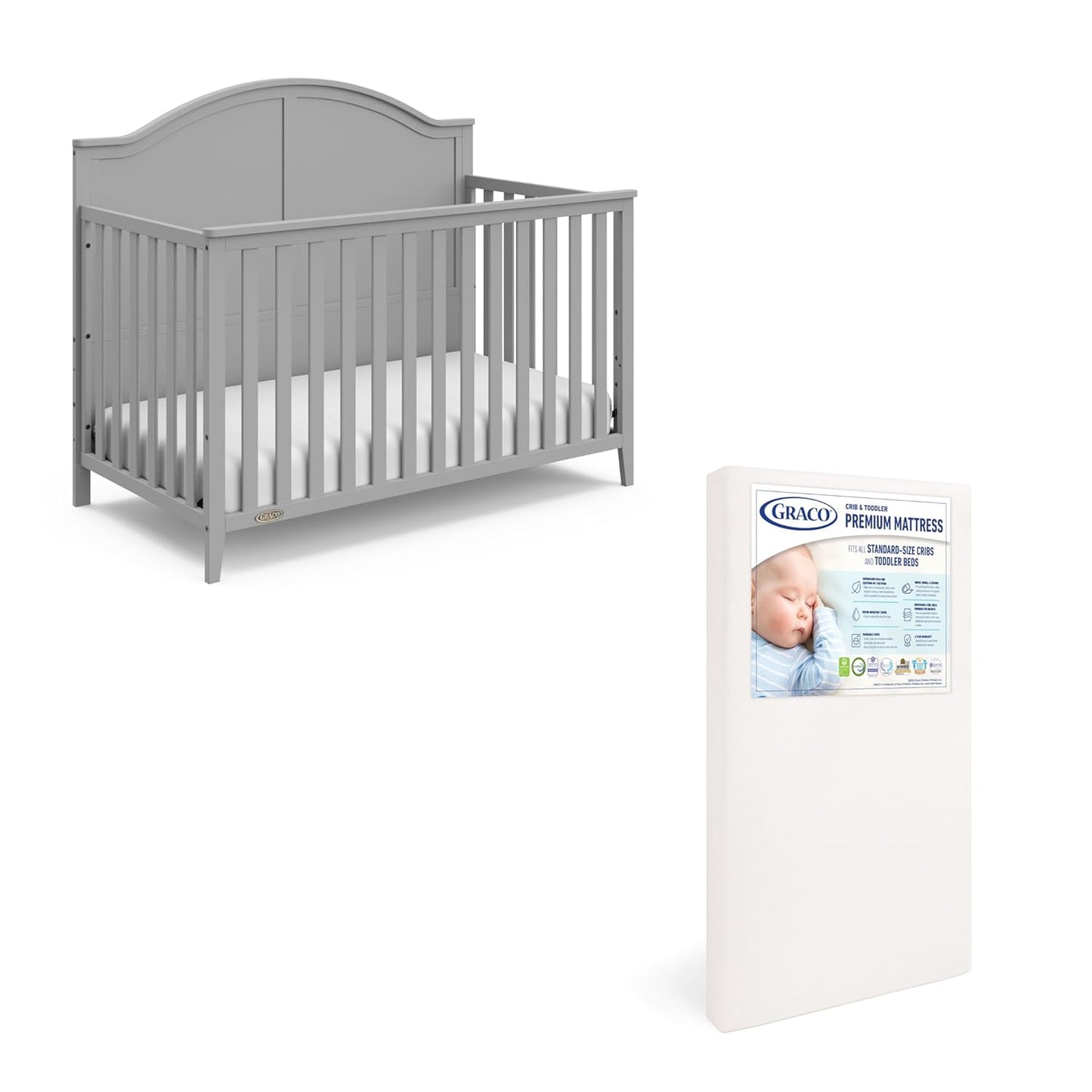Graco Wilfred Crib and Mattress Nursery Essentials Pack (Pebble Gray) – GREENGUARD Gold Certified Baby Crib & Crib Mattress, Cribs with Mattress Included, Convertible Crib, Baby Mattresses for Crib