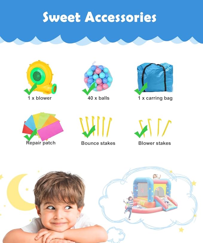 Step4Fun Inflatable Bounce House, Kids Castle Slide Bouncer for Children Jumping Outdoor and Indoor Party, Baby Backyard Water Jumper Toy with Blower, Ball Pit Pool, Ideal Gifts（112 x 98 x 65”）