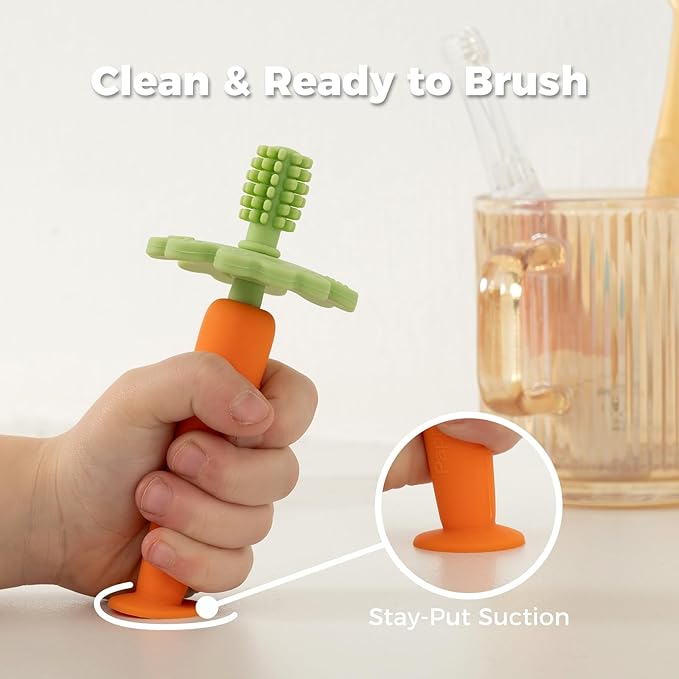 Papablic Baby Toothbrush Teether, Teething Toys 6-12 Months, 360° Carrot Teether Baby Stuffers for Toddler Infant, Toothbrush with Suction Base