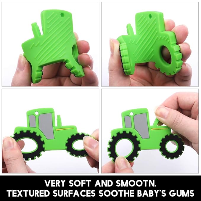 Baby Food Grade Silicone Tractor Truck Teether Toy with One Piece Design Pacifier Clip Holder,Teething Toys Gift Set for 3 Months+ Boys and Girls,Freezer Safe,BPA Free. (Green)