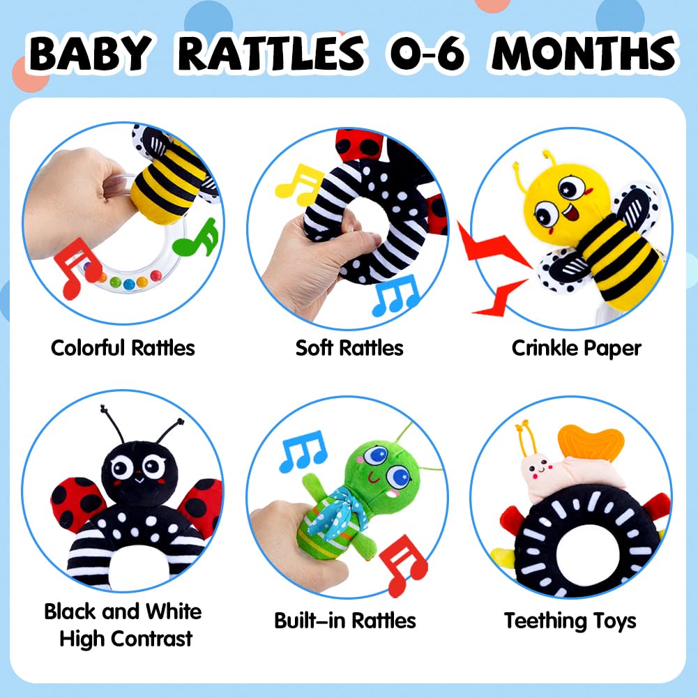 Baby Rattle Toys, Infant Soft Stuffed Animal Rattles Set - Sensory Development Toys, Baby Toys Stuffed Animals Soft Crinkle Sensory Handbells Baby Rattles, Soft Busy Toys for Toddlers Boys Girls