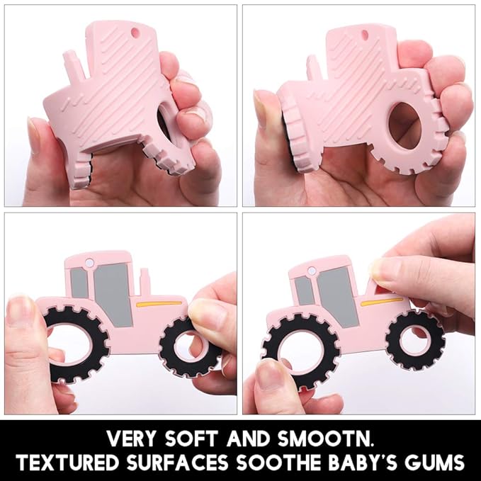 Baby Food Grade Silicone Tractor Truck Teether Toy with One Piece Design Pacifier Clip Holder,Teething Toys Gift Set for 3 Months+ Boys and Girls,Freezer Safe,BPA Free. (Pink)