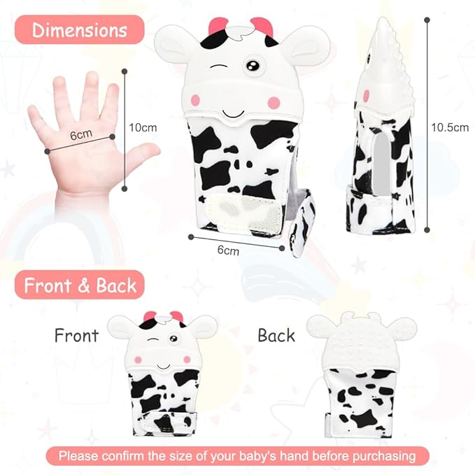 2Pack Silicone Teething Mitt, Cow Baby Teething Toy for 0-6 6-12 Months, Food Grade Silicone Infant Teething Mitten, BPA-Free Baby Chew Toys for Pain Relief, Sucking Needs