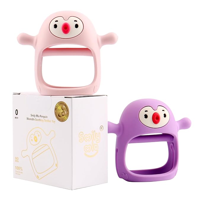 Smily Mia 2pack Penguin Teether for Babies 0-6Month, Infant Teething Toys,Pacifiers for Breastfed Babies, Silicone Teething Mittens for 3-6Months, Perfect Shower Gift+Baby Registry, Pink&Purple