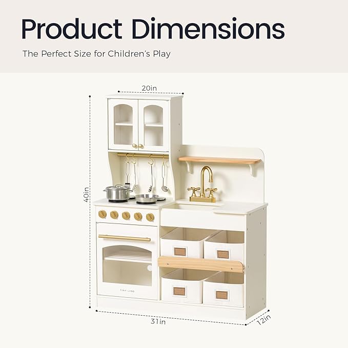 Tiny Land Play Kitchen for Kids with Enhanced Storage – Modern Toddler Kitchen Playset with Stove, Sink & Accessories, Organized Wooden Toy Kitchen, Ideal for Toddlers