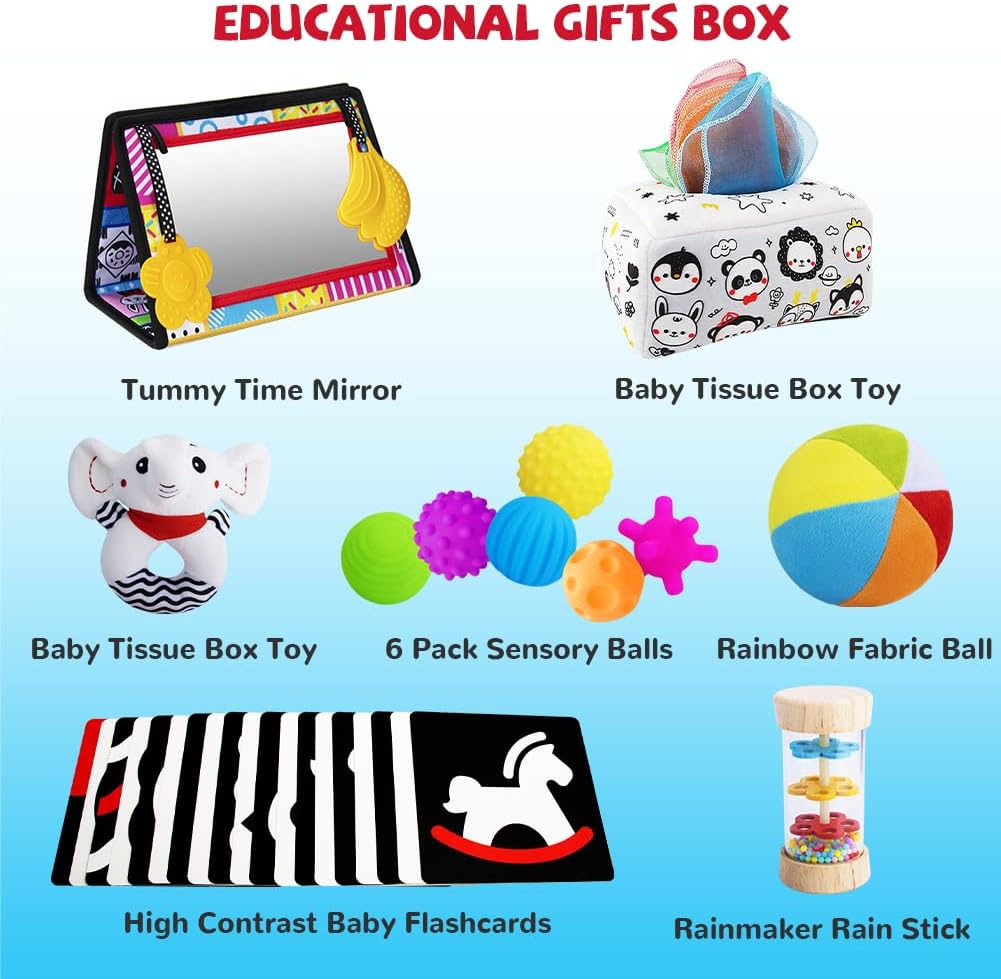 Montessori Toys for Babies 0-6 Months,7 in 1 Newborn Toys Baby Gifts Set Early Learning Toys with Black & White Baby Flashcards,Tummy Time Mirror,Baby Rattle,Sensory Balls,Tissue Box Toys,Rain Stick