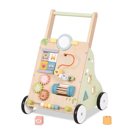 OOOK Wooden Baby Walker with Wheels, Montessori Baby Push Walker, Sit to Stand Walker for Baby Boy 6-12 Months, Toddler Standing Activity Center for Boys and Girls