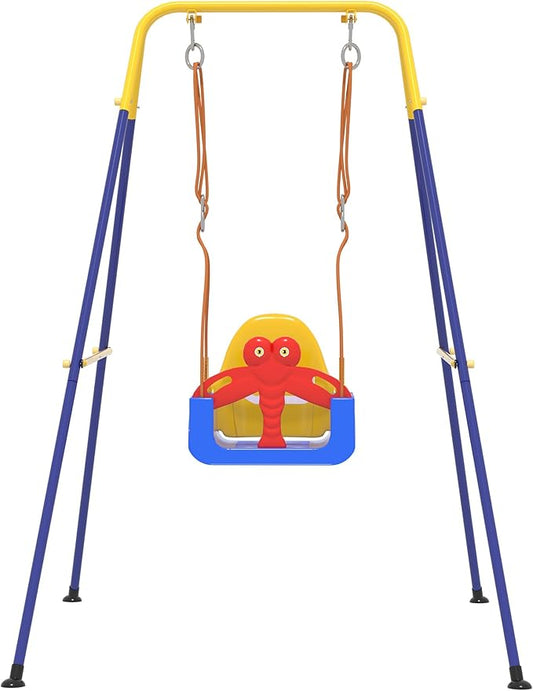 3-in-1 Toddler Swing Set, Baby Swing with Safety Belt, Indoor/Outdoor, Easy to Assemble Kids Swing Seat with Sturdy Metal Stand for Playground, Backyard and Nursery, Blue Yellow